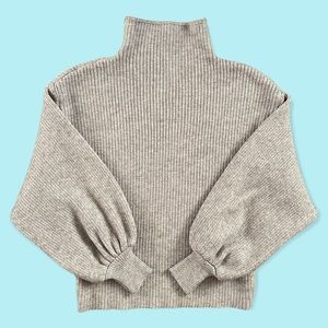 Funnel-Neck Ribbed Sweater with Bishop Sleeves Heather Gray Size XS
